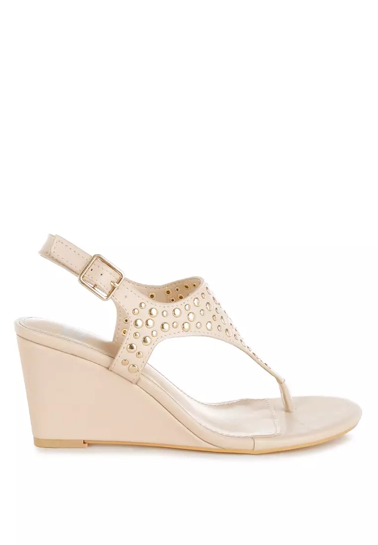Discount on Rag & CO.  shoes - SKU: Studded Thong Toe Wedges in Beige
