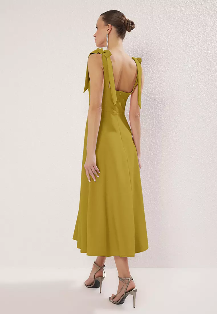 Oil Green A Line Strap Lacing Detailing Midi Stylish Evening Dress