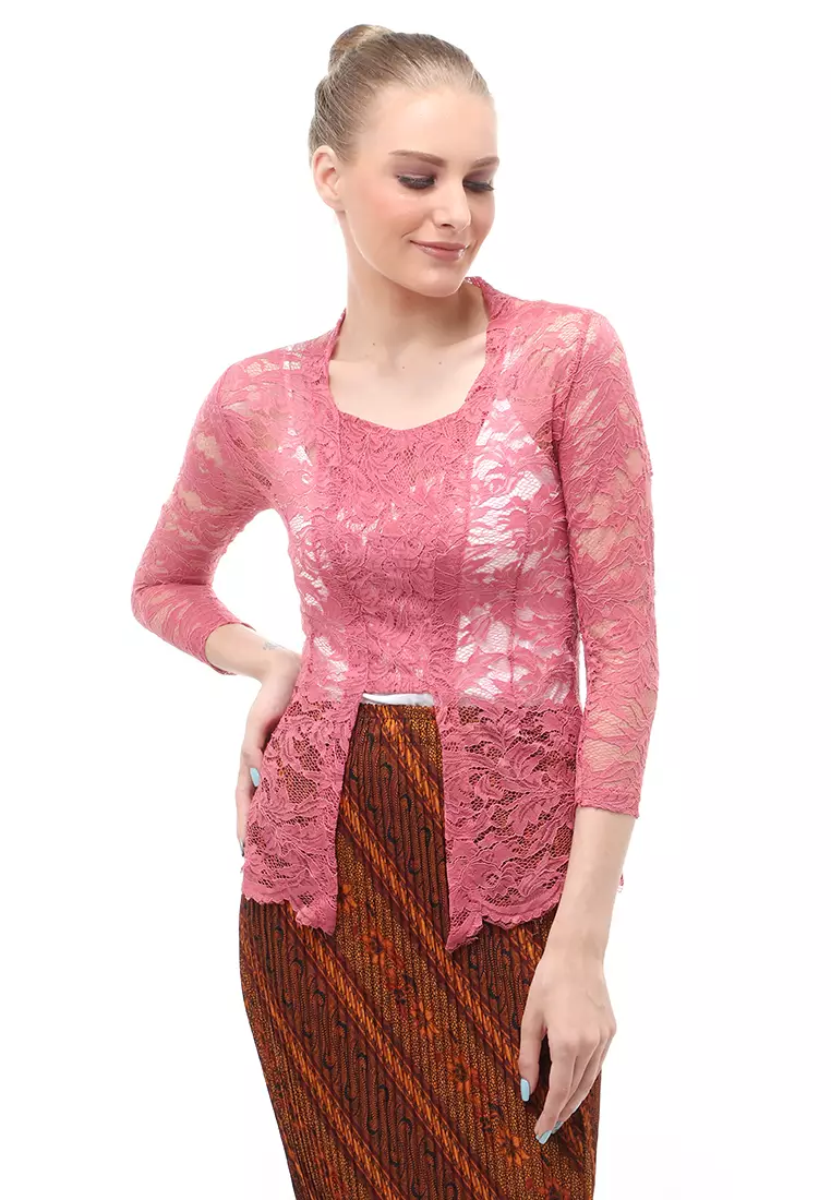 Hara Kebaya Seri 2 Motif Brokat Long Sleeves Atasan Wanita Transparan Premium Quality - Dusty Pink