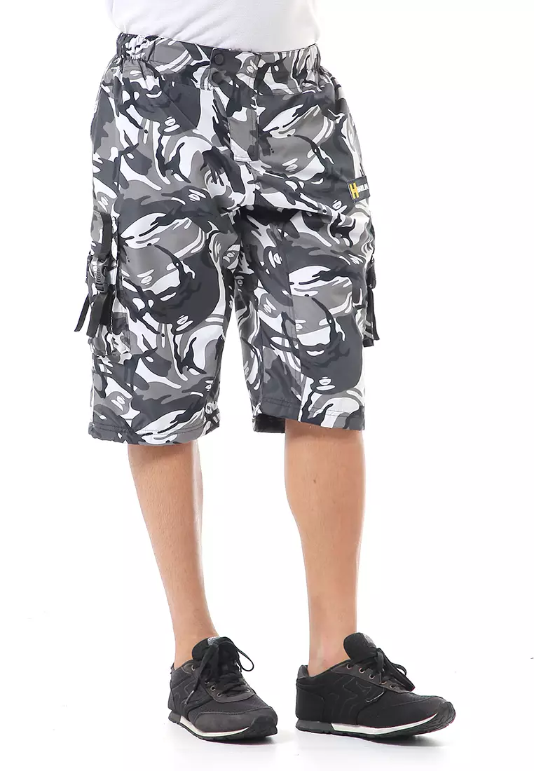 Grissham Celana Cargo Pendek Pria Short Pants Kasual Motif Loreng Material Parasut ORIGINAL - White