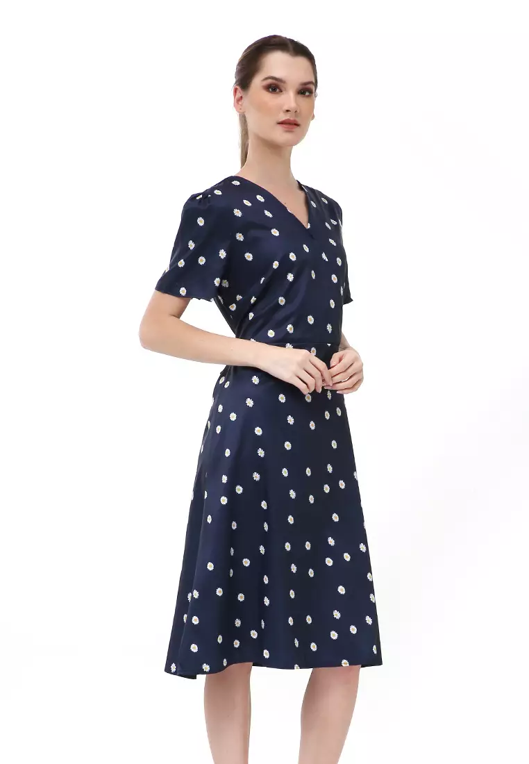 Rachel Dress Wanita Lengan Pendek Motif Polka Material Chiffon ORIGINAL - Dark Blue