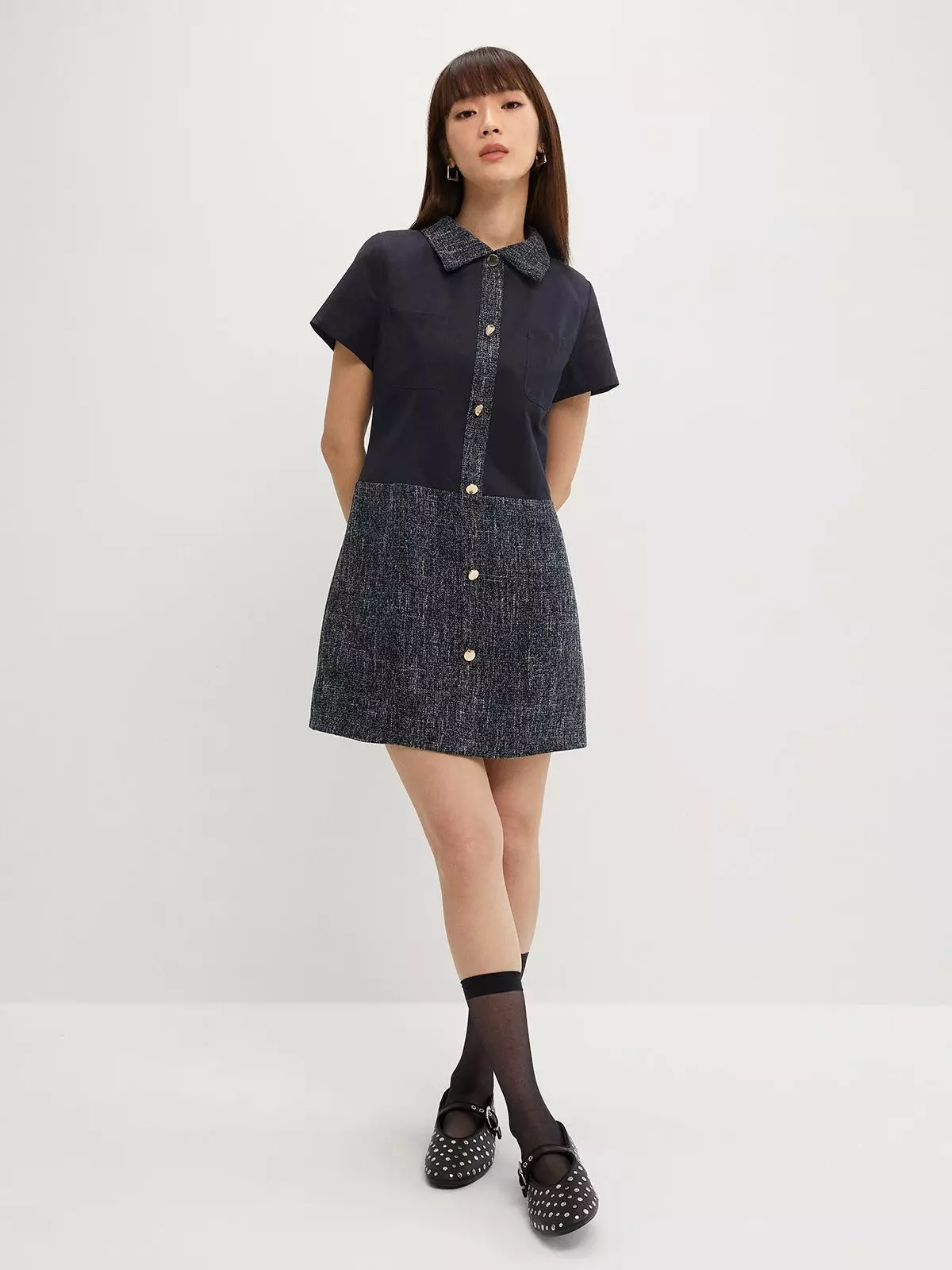 Buttoned Tweed Dress - Navy