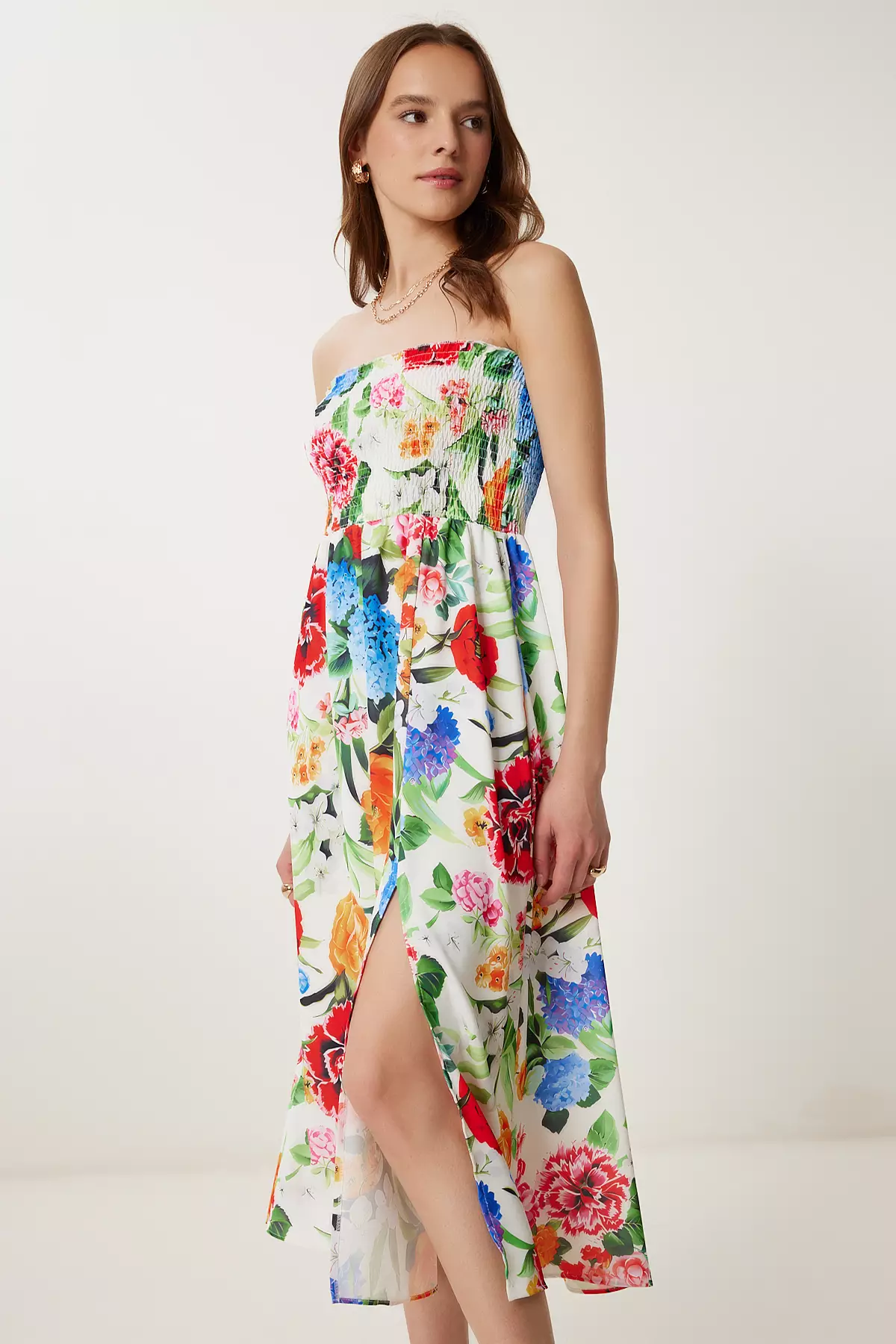 Women's Pink Bone Flower Pattern Strapless Woven Dress Jh00057