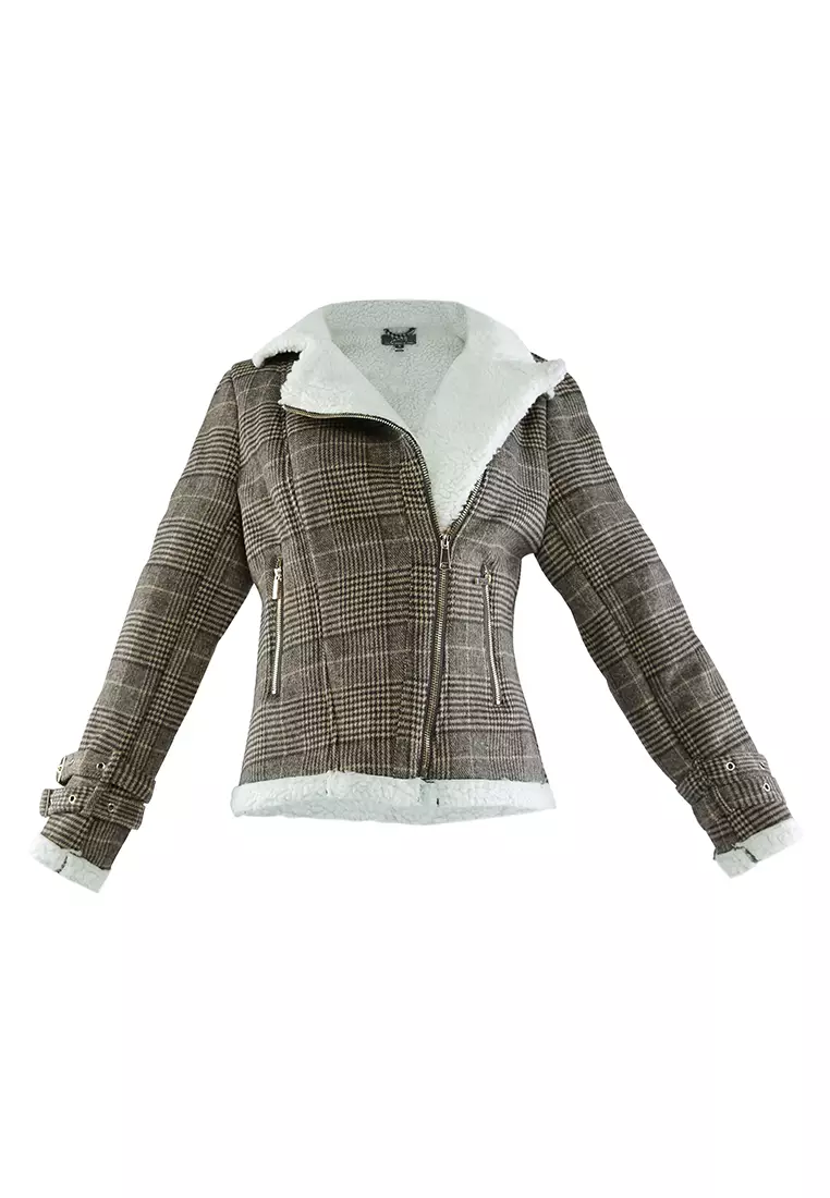Jaket Musim Dingin Kotak-kotak Shearling Collar Coklat