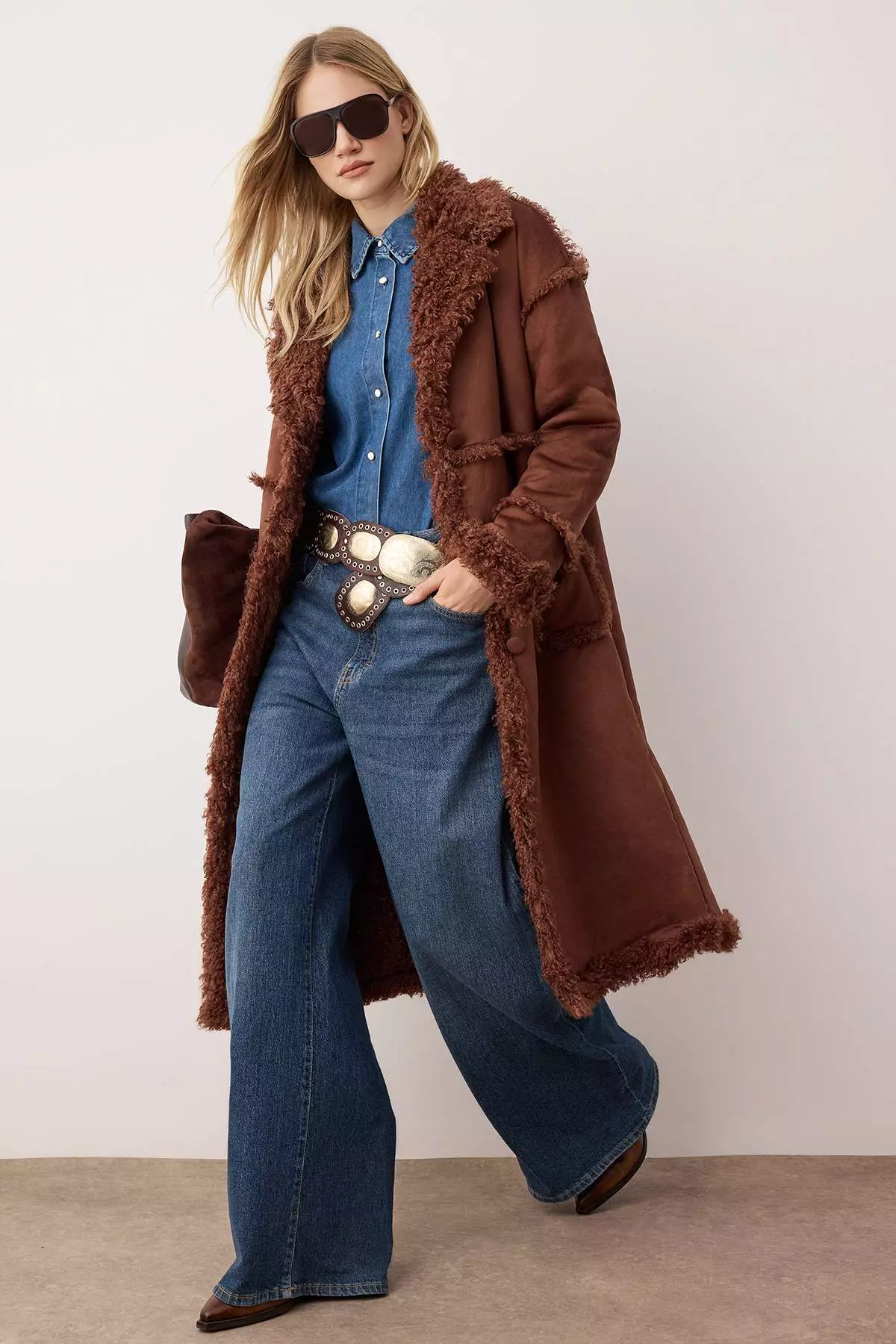 Brown Double-Sided Fur Mono Closure Oversize Long Suede Coat