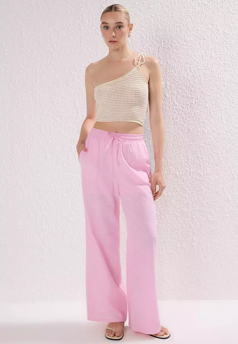 Light Pink Linen Look Wide Leg Shorts Lined Elastic Waist Pants
