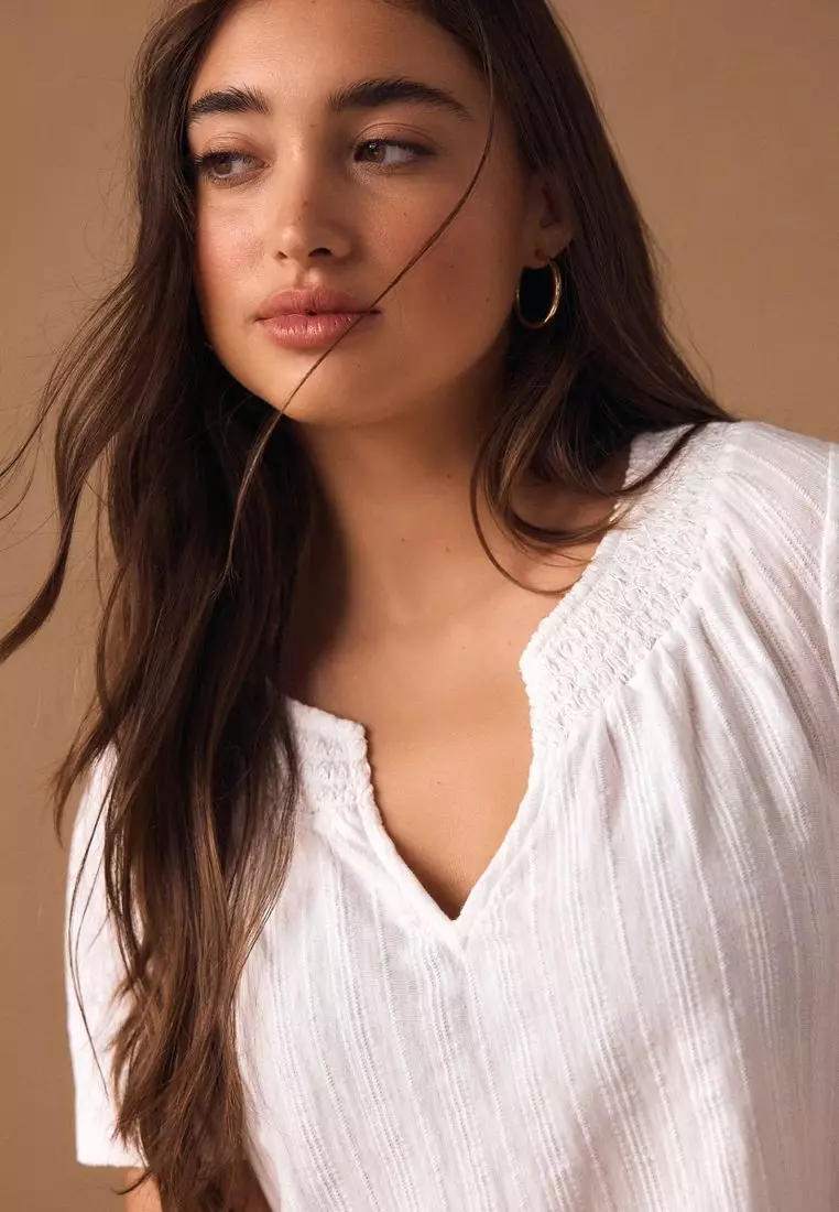 Short Sleeve Notch Neck Shirred Bubblehem T-Shirt