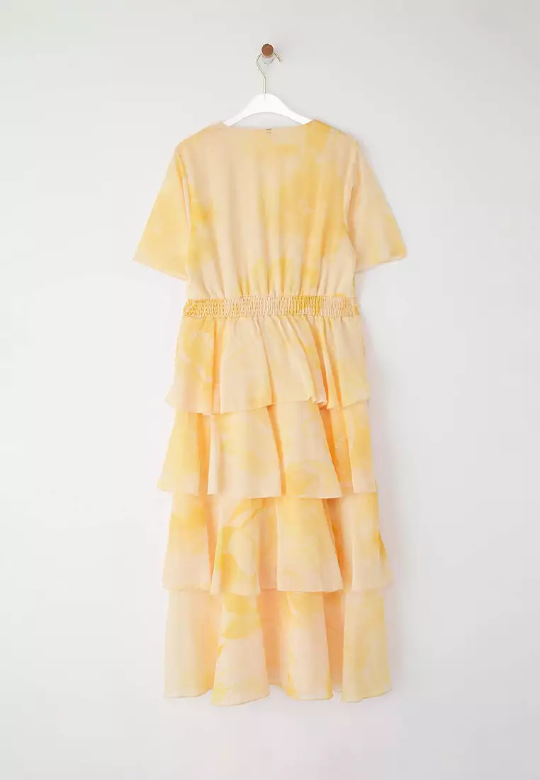 Yellow Floral Skirt Waist Opening Midi Woven Dress Twoss25El00451