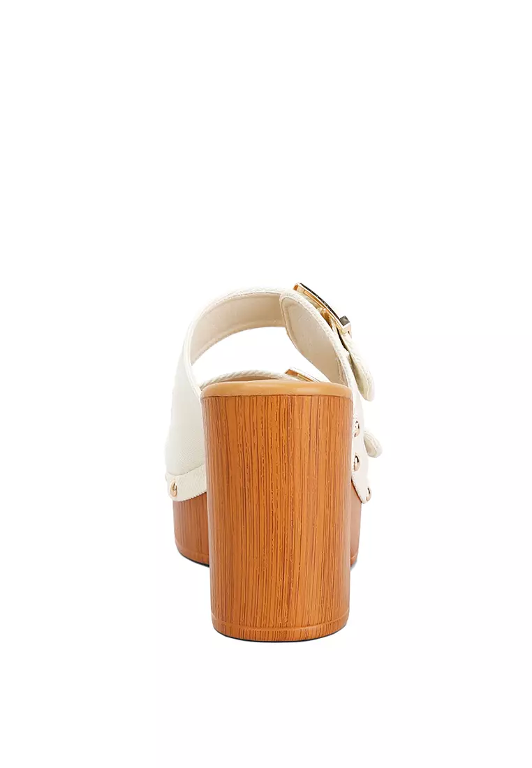 Bakiak Hak Blok Tinggi Tali Gesper Krem