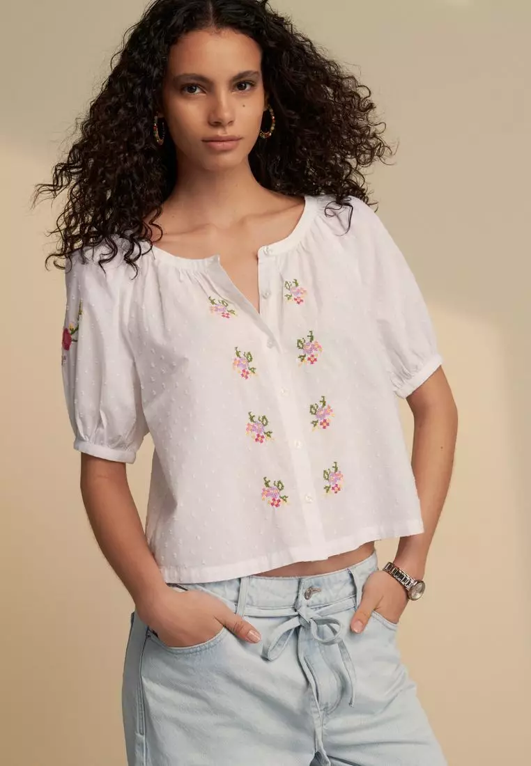 新品未開封★2025SS受注販売PUFF SHORT SLEEVE BLOUSE Buy NEXT Floral Embroidered Puff Short Sleeve 100% Cotton