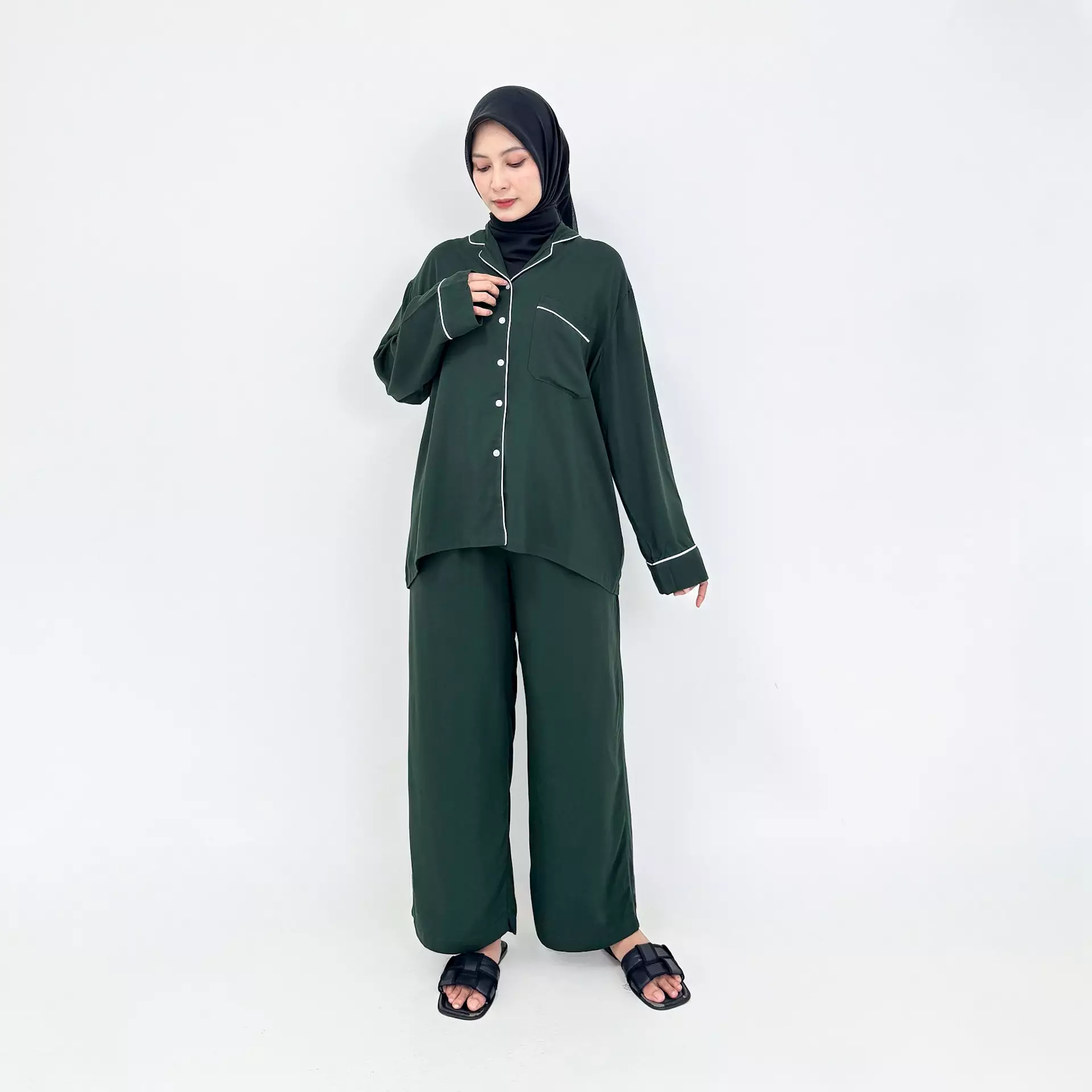 Piyama Serena Set HIJAU Size L-XXL Setelan Baju Tidur Lengan Panjang Wanita Katun