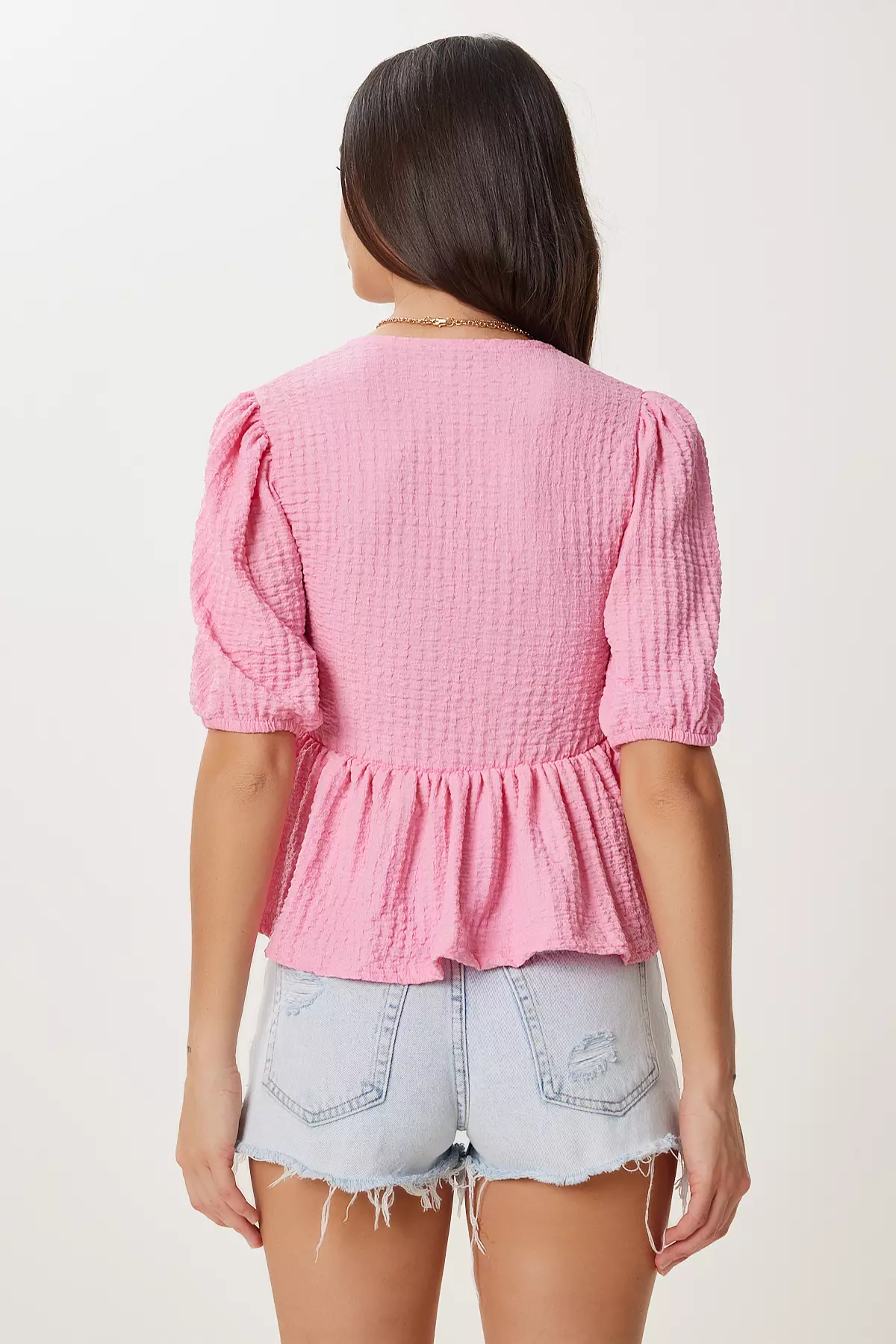 Women's Pink Textured Flounced Stretchy Crinkle Knitted Blouse Zv00338