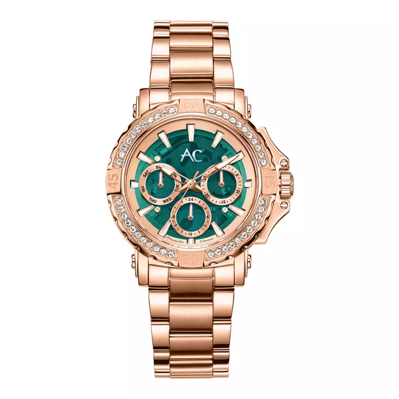 Jam Tangan Wanita Alexandre Christie AC 9205 BF BRGGNDR Ladies Green Dial Rose Gold Stainless Steel Strap