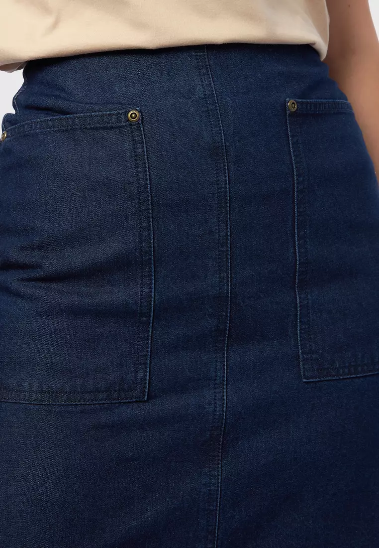 Denim Midi Skirt with Side Slit DARK BLUE