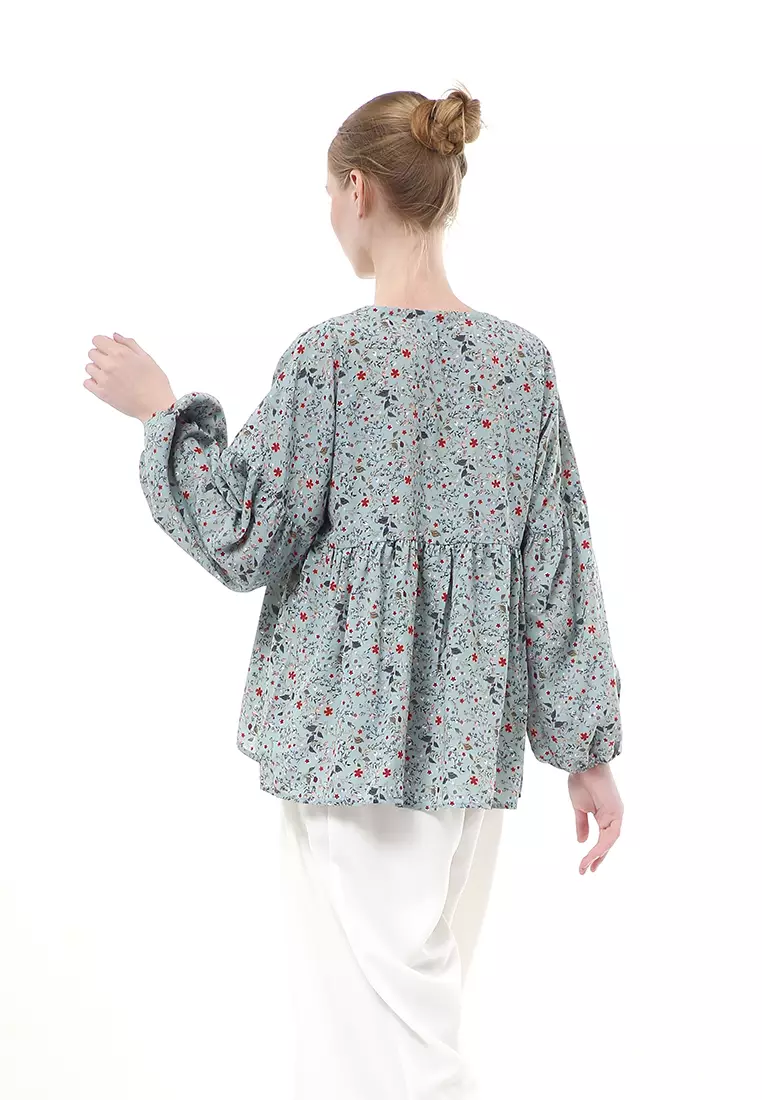 Milea Blouse Balon Atasan Wanita Motif Flower Premium Quality - Stone