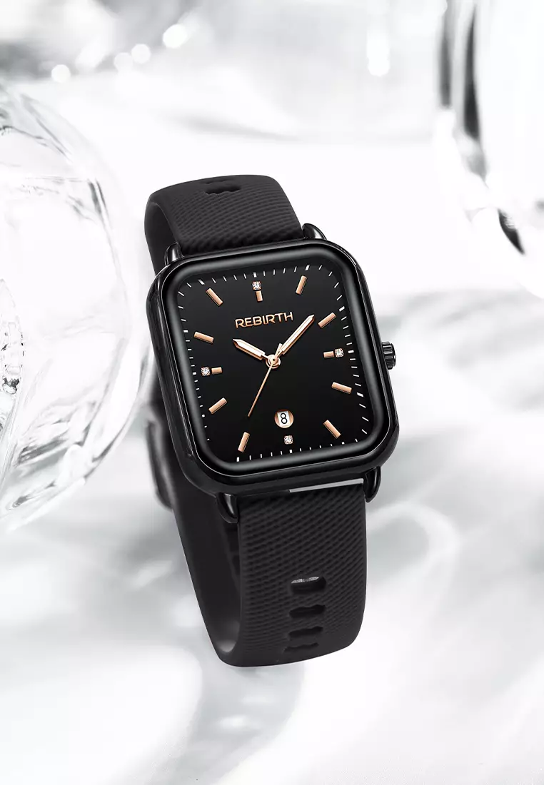 Jam Tangan Wanita Original Square Anggun Tali Silikon Anti Air Hitam