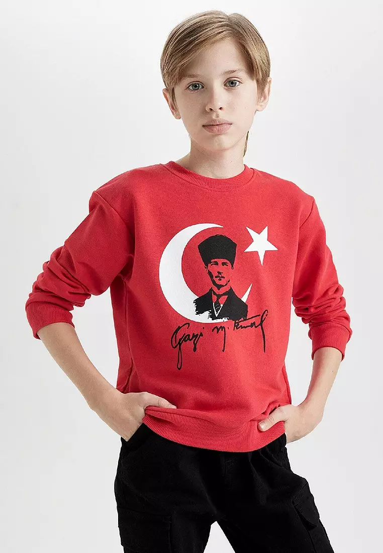 Crew Neck Atatürk Printed Red Sweatshirt