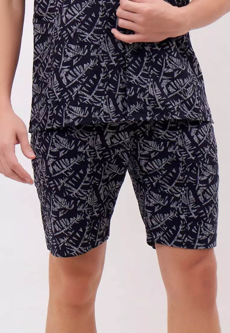 Diego Celana Pendek Linen Pria Navy Motif | Linen Short Pants Men Patterned Navy