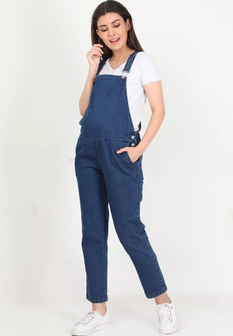 帶側扣藍色孕婦裝牛仔背帶褲