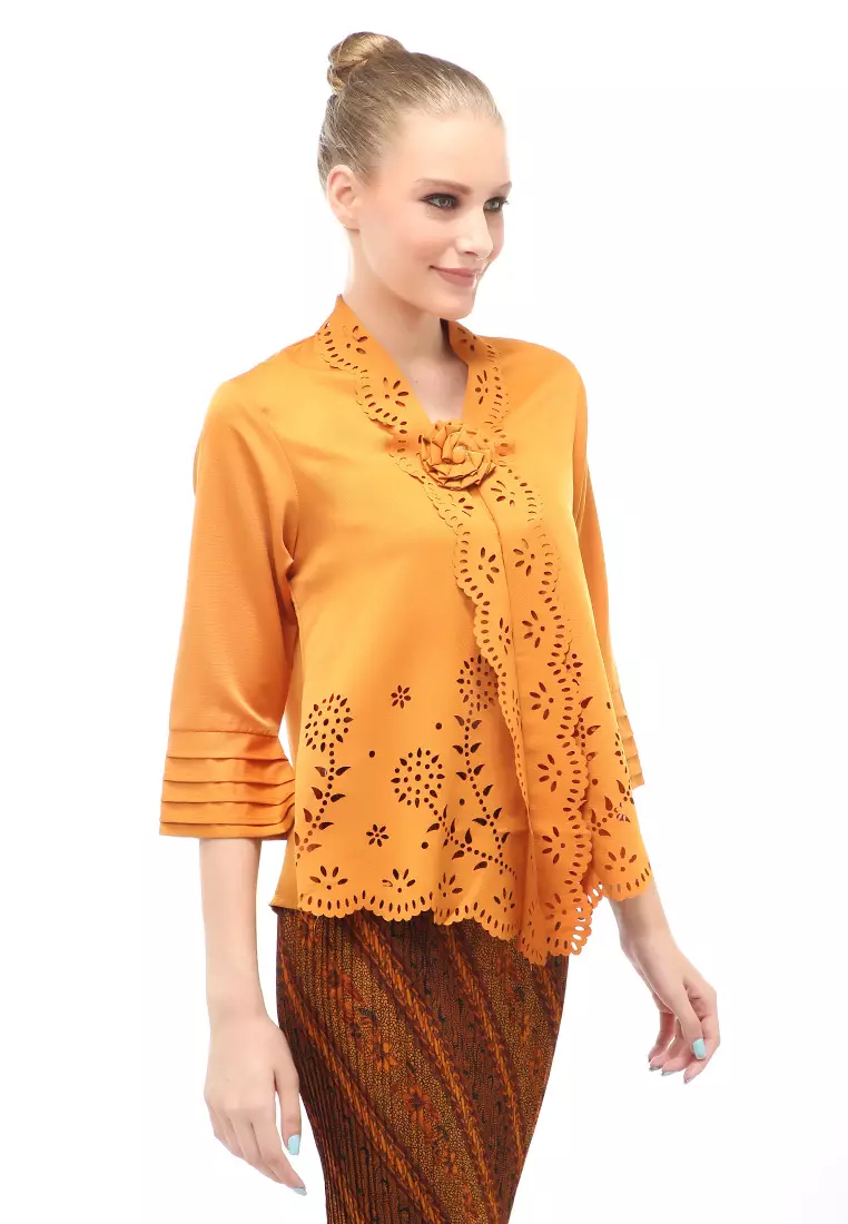 Frodine Kebaya Laser Cut Aksen Bunga Atasan Wanita Casual Premium Quality - Mustard