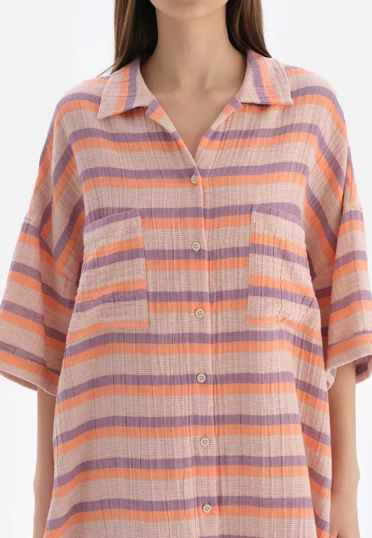 Orange Shirt Dress, Striped, Long Sleeve Beachwear for Women