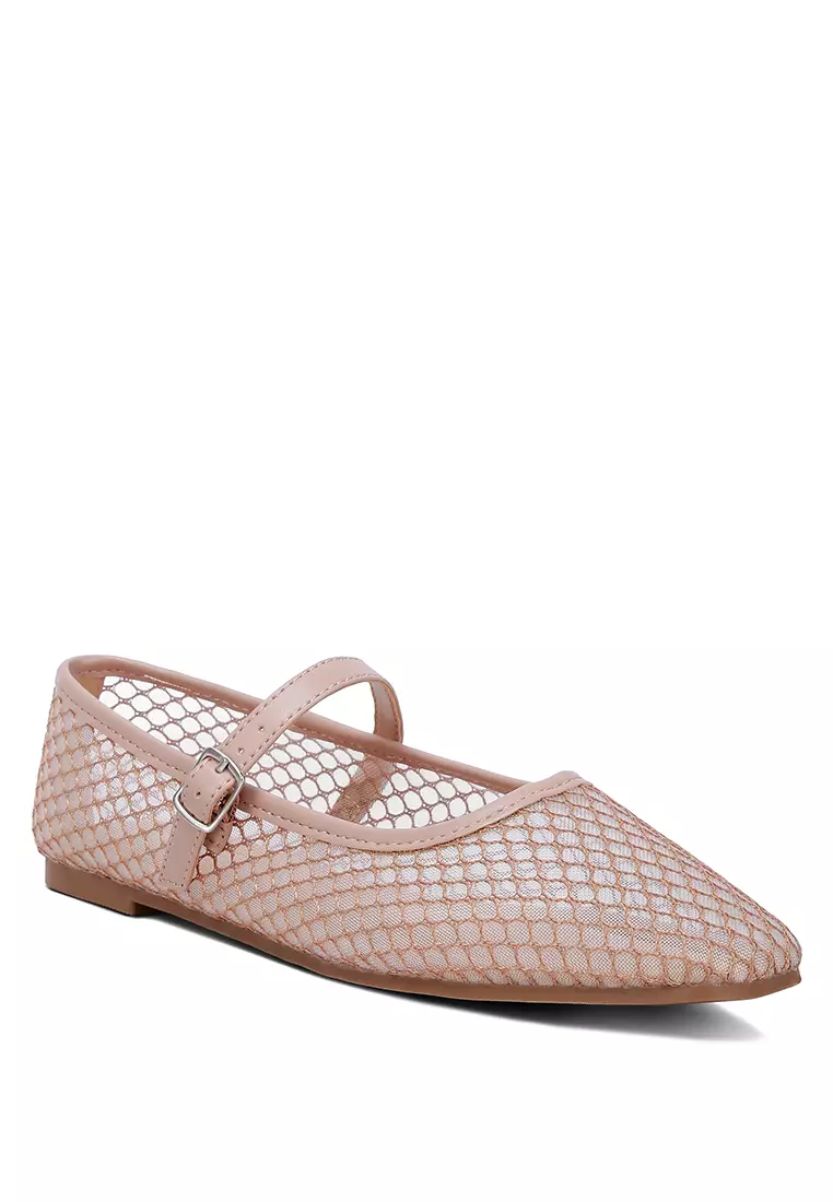 Mesh Mary Jane Flats in Camel