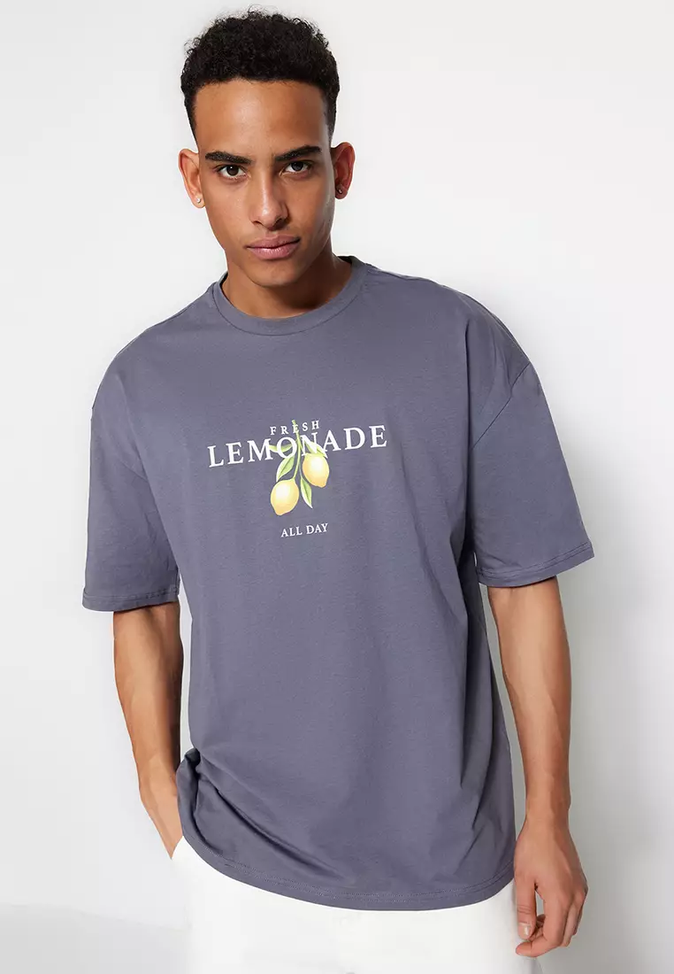 Anthracite Unisex Oversize/Wide Cut Crew Neck Short Sleeve Printed T-Shirt