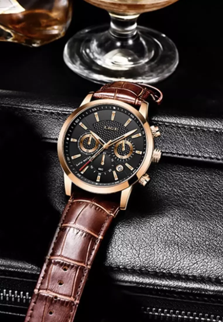 Chronograph Unisex Gold color finished Stainless Steel Quartz Watch 43mm, black dial, on Brown Leather Strap