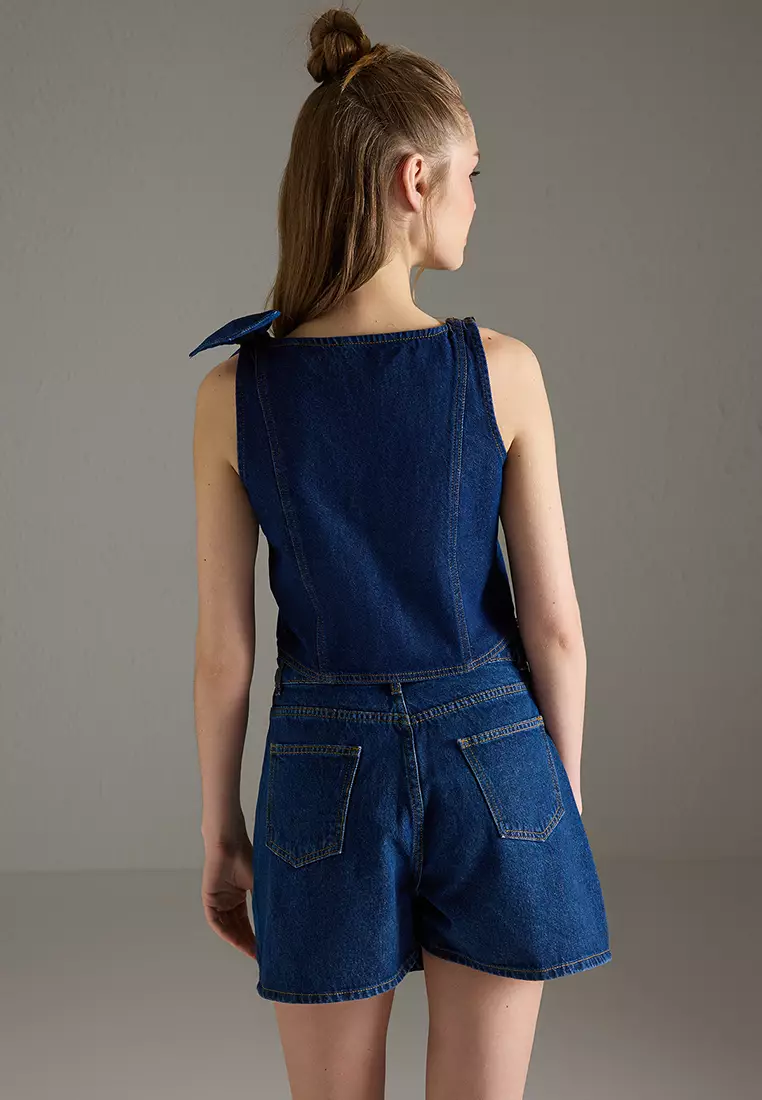 Dark Blue Ribbon/Bow Detail Cropped Denim Blouse TWOSS25BZ00476