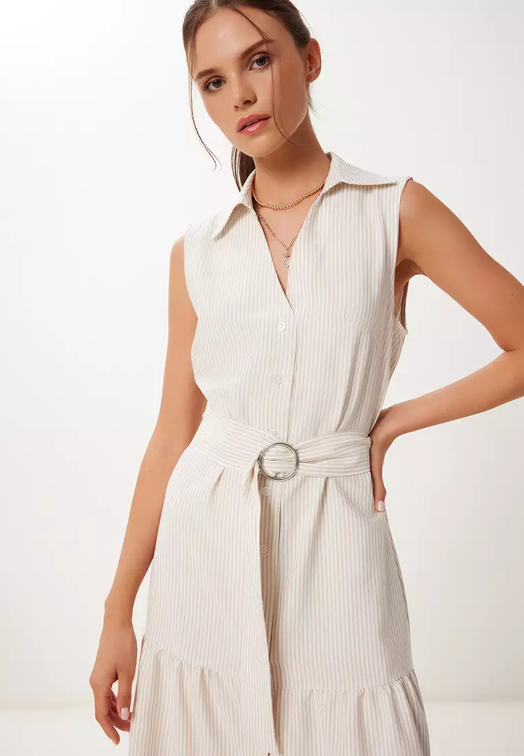 Women's Beige Bone Striped Belted Midi Shirt Dress Rg00069