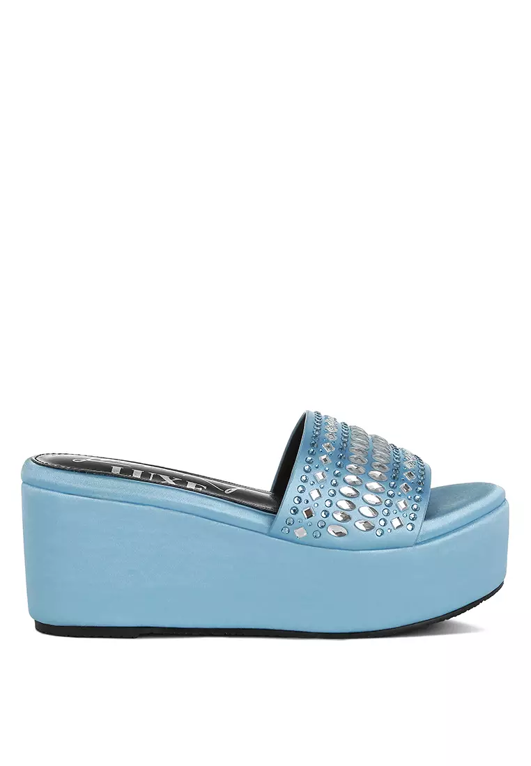London Rag Diamante Rhinestone Detail Stylish Flatforms in Blue