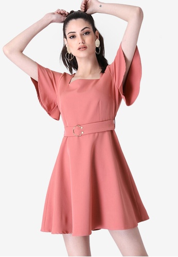 FabAlley pink Square Neck Belted Skater Dress DC145AAB8B8475GS_1