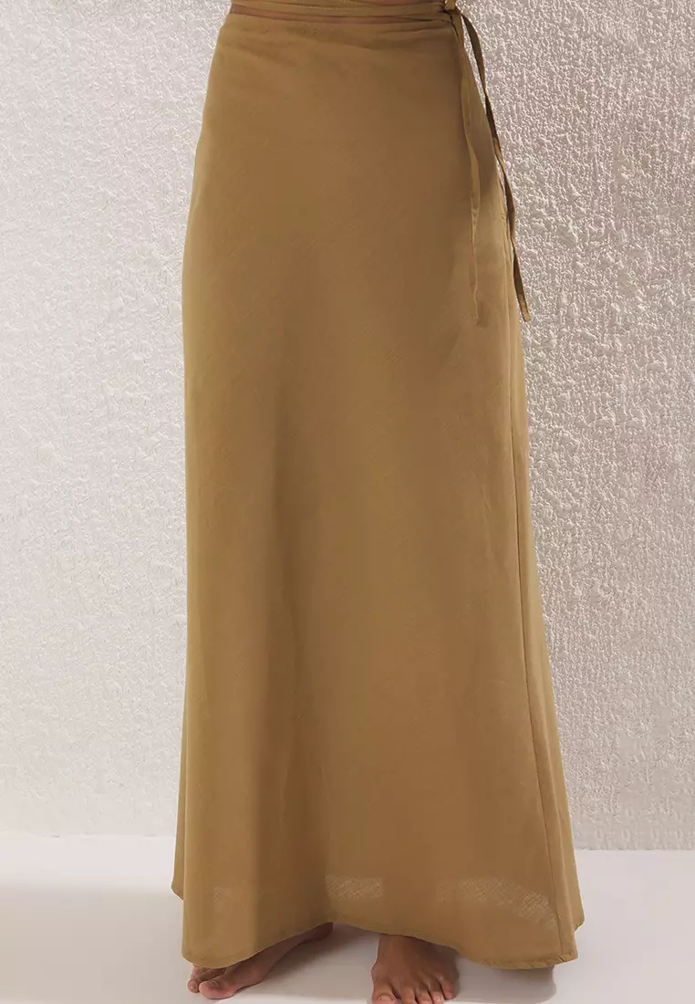 Khaki Woven Halter Neck Back Detail Beach Blouse Skirt Suit Tbess25Au00089