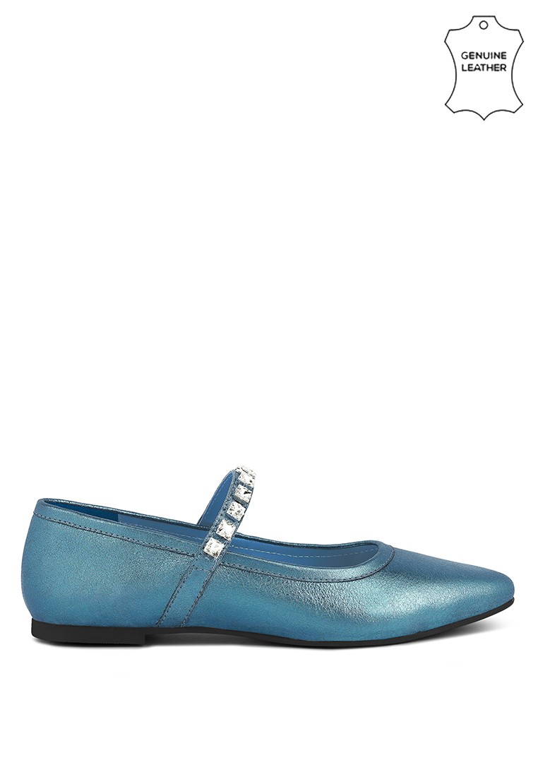 Blue Metallic Leather Mary Jane Flats