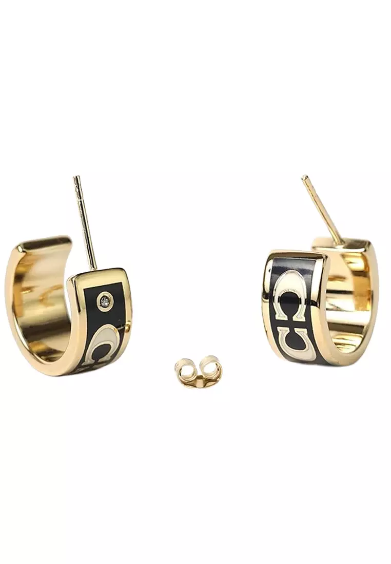Buy COACH Signature Enamel Huggie Earrings in Gold/ Black