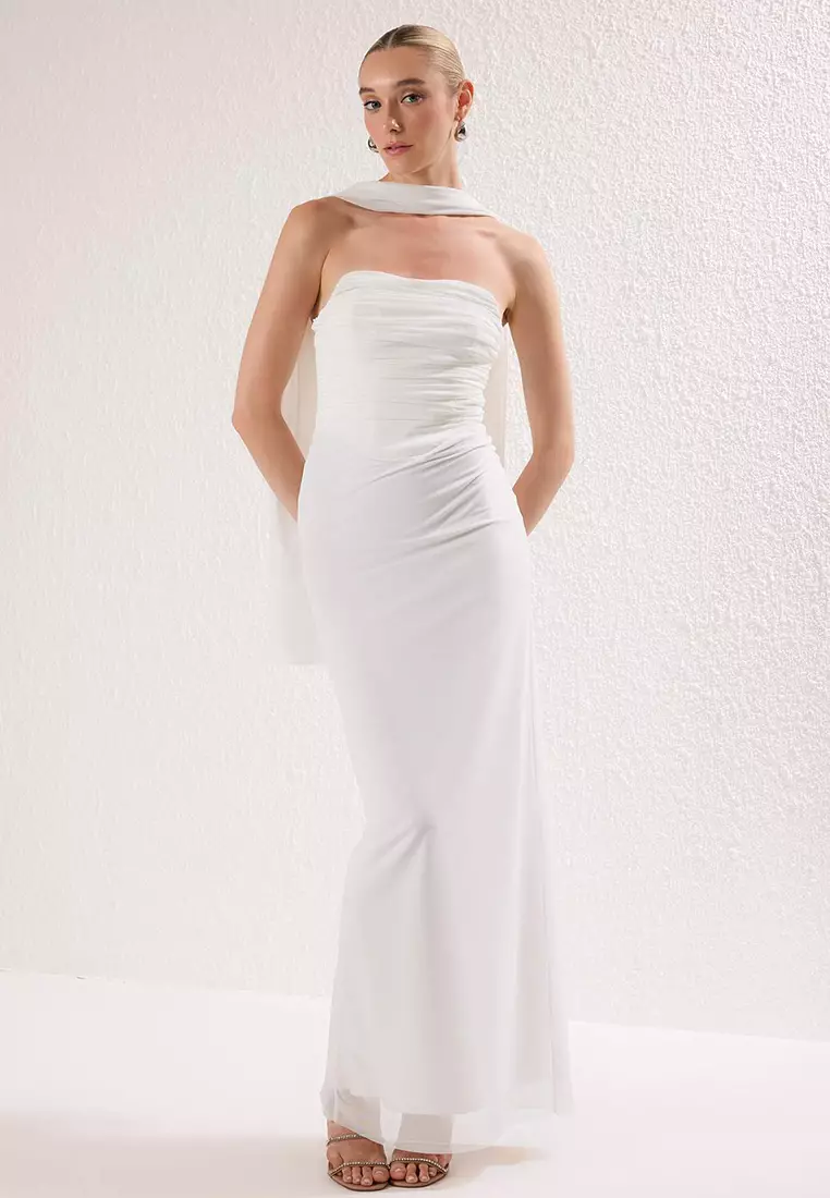 Buy Trendyol White Scarf Tulle Knitted Maxi Evening Dress Night Graduation  Dress 2026 Online | ZALORA