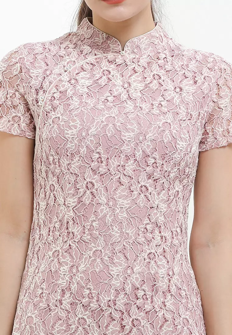 Ruffle Hem Two Tones Lace Qipao Dress