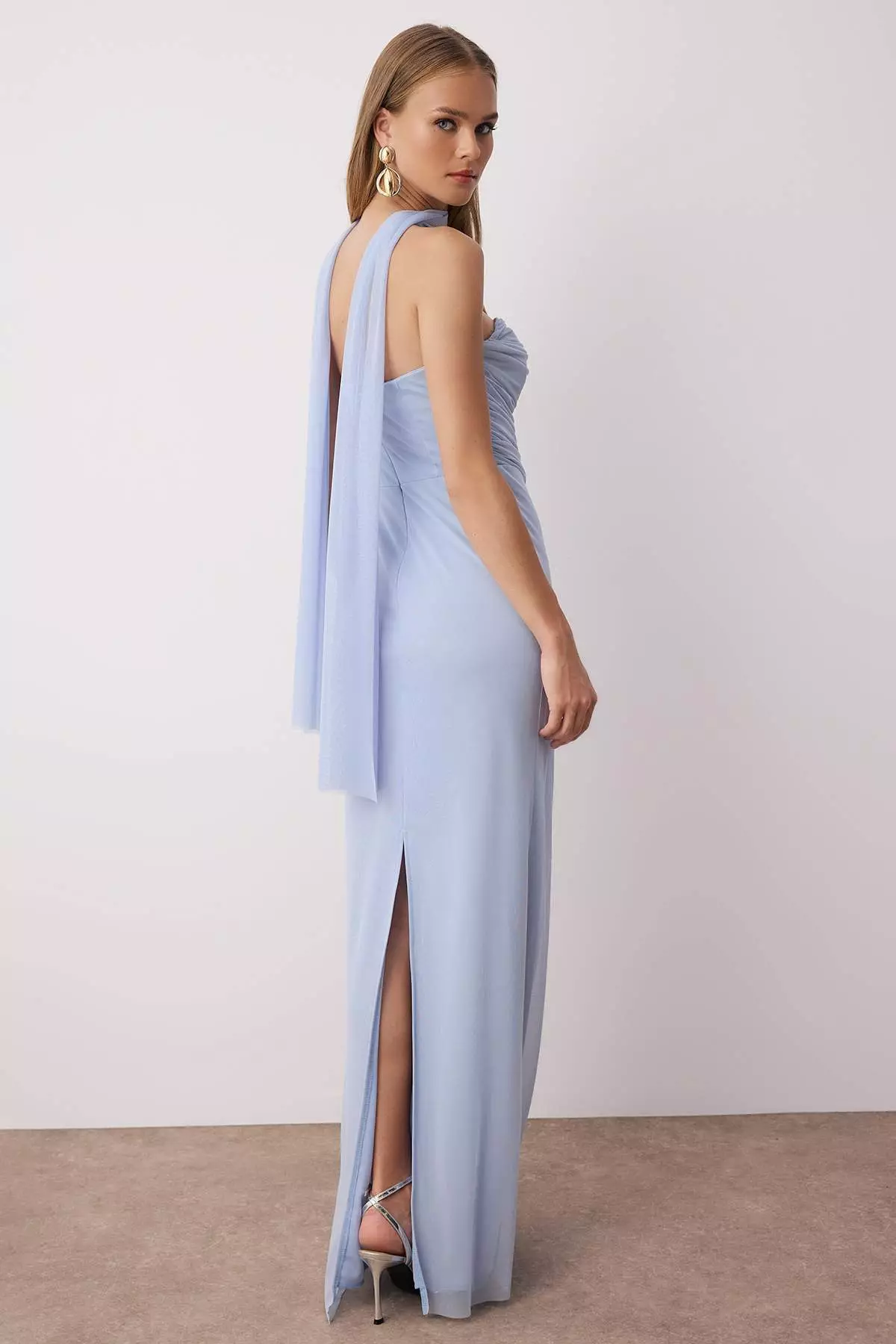 Light Blue Tulle Knitted Maxi Evening Dress With Scarf Evening Homecoming Dress