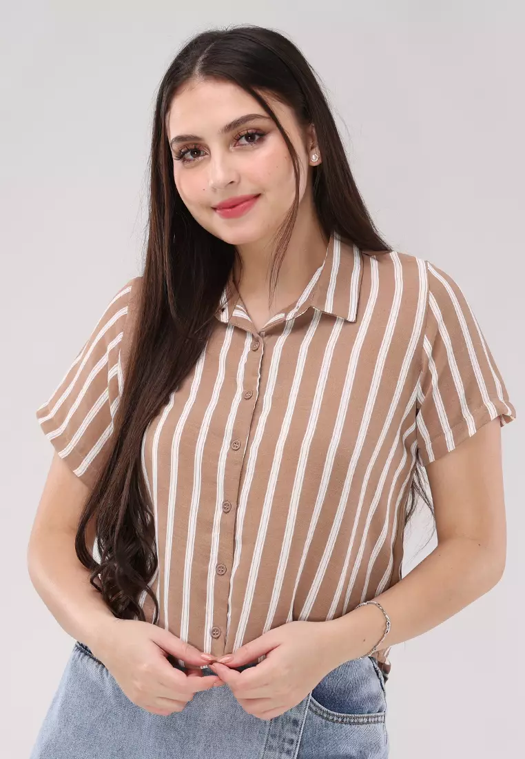 Crumpled Linen 3 Stripes Woven Short Sleeves Blouse