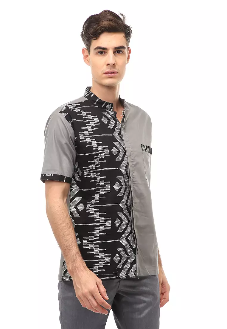 Dwan Atasan Formal Pria Kemeja Koko Batik Lengan Pendek Material Cotton ORIGINAL - Gray