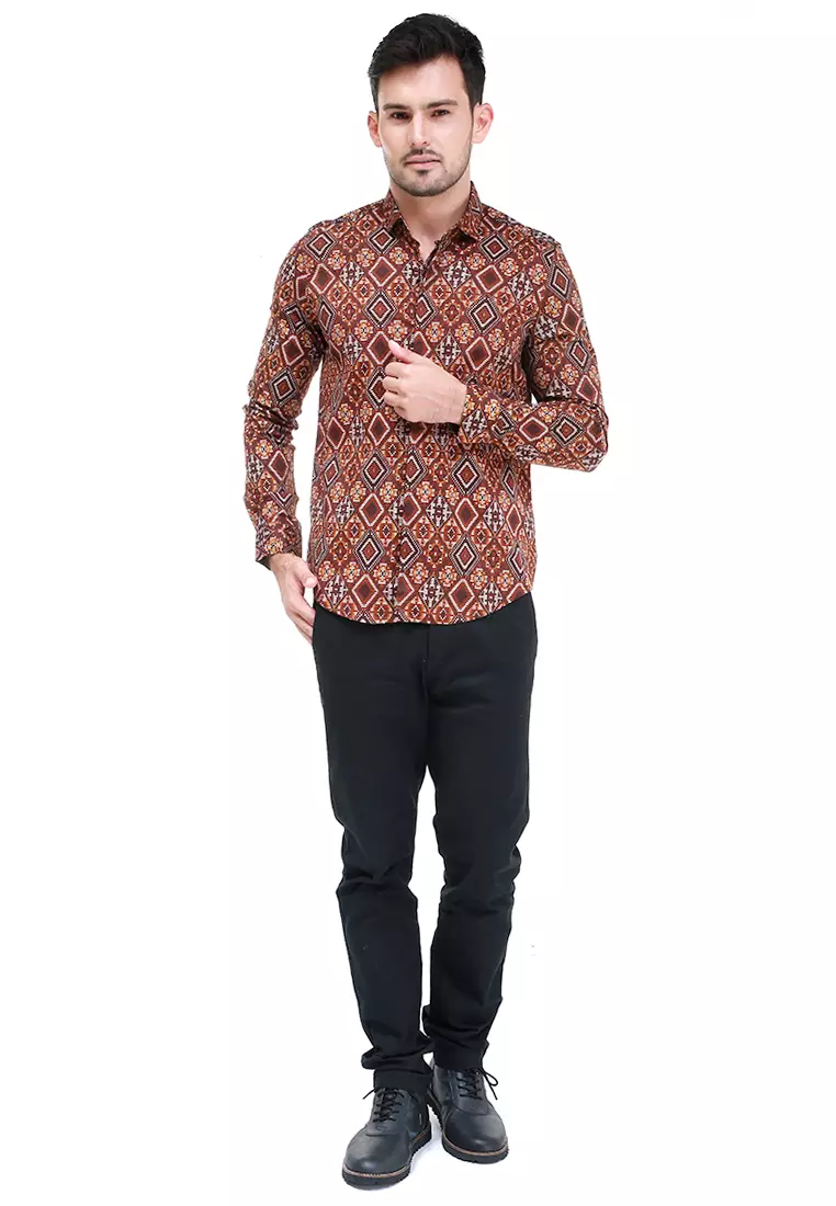 Dwan Kemeja Batik Pria Permata Atasan Formal Longsleeve Shirt Material Cotton ORIGINAL - Brown
