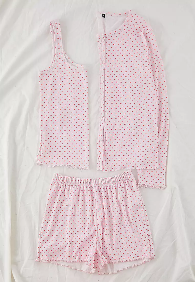 Pink 3-Piece Heart and Polka Dot Ribbed Shorts Knitted Pajama Set THMSS25PT00003