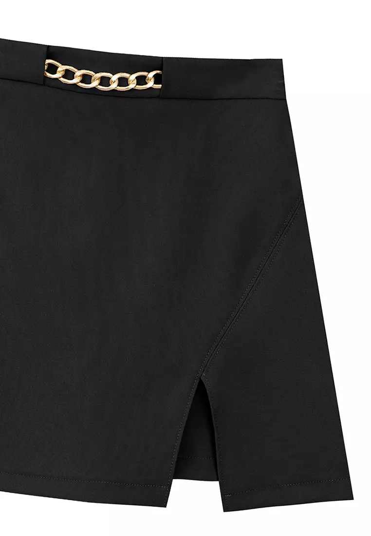 Waistline Chain High Waist Front Slit Mini Skirt