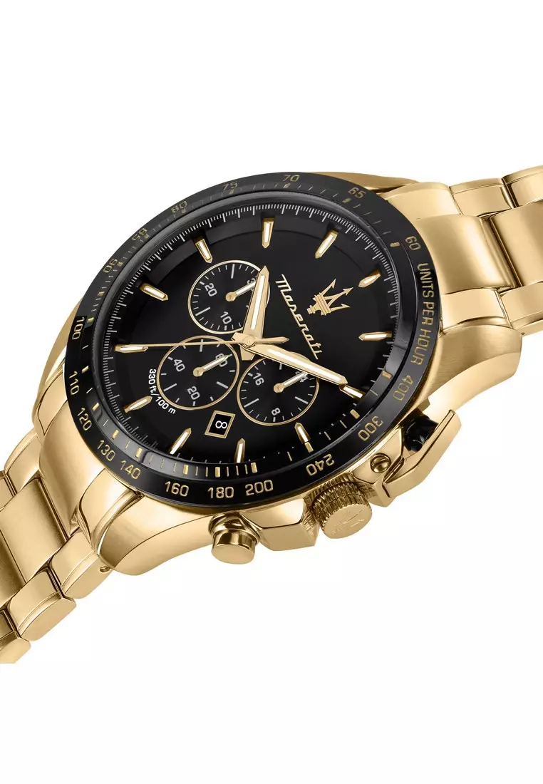【2 Years Warranty】Maserati Traguardo 45mm Black Dial Gold Stainless Steel Strap Men's Chronograph Quartz Watch R8873612041 With Luminous Dial Hands