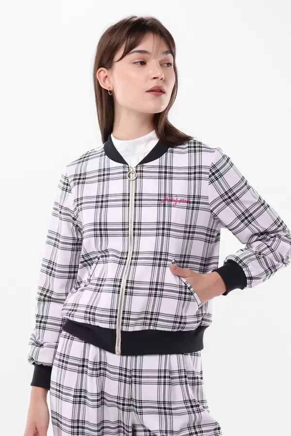 MINIMAL/Emily In Paris - Chantal - Plaid Bomber Jacket - Black Warna Black