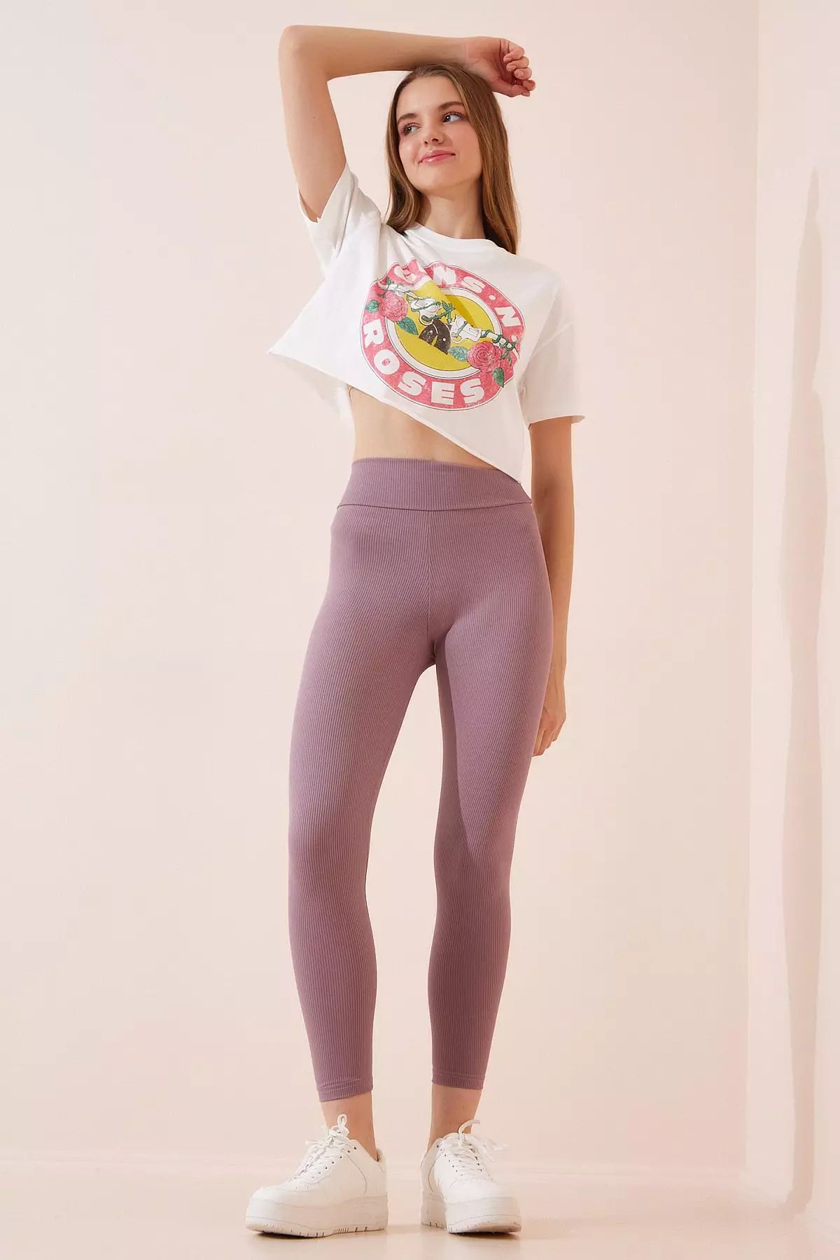 Women's Dark Lilac High Waist Ribbed Seamless Knitted Tights Xr00001