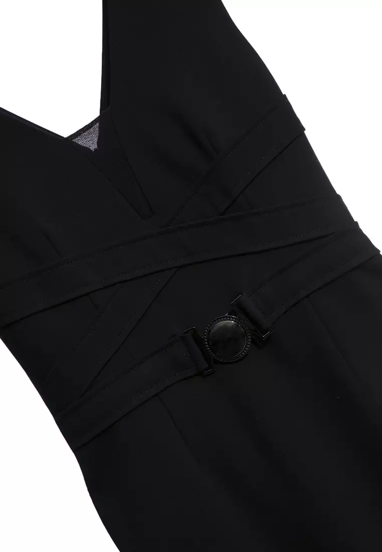 V-Neck Fitted Buckle Waist Dress