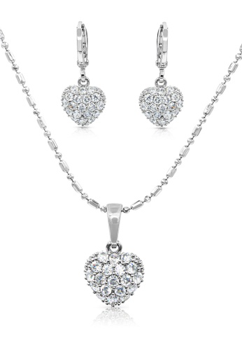 SO SEOUL silver Amora Heart Diamond Simulant Hoop Earrings and Necklace Set 35D78AC7DF4892GS_1