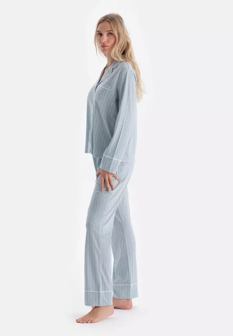 Light Blue Shirt & Trousers Set, Striped, Regular Fit, Long Sleeve Sleepwear for Women