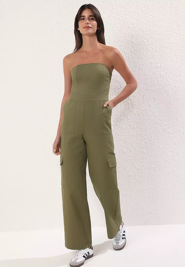Khaki Cargo Pocket Strapless Neck Maxi Woven Jumpsuit Twoss23Tu00192